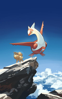 ambiguous_gender brown_body brown_eyes brown_fur cloud duo eye_contact female feral fur looking_at_another mountain multicolored_body open_mouth pawpads size_difference sky tail two_tone_body yellow_eyes hakkentai_pkdn nintendo pokemon eevee generation_1_pokemon generation_3_pokemon latias legendary_pokemon pokemon_(species) 2025 hi_res female_(lore)