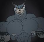 anthro big_muscles ear_piercing facial_hair goatee huge_muscles hyper hyper_muscles looking_at_viewer male muscular muscular_anthro muscular_male nipple_piercing nipples nude pecs piercing smile solo remert alice_in_wonderland american_mcgee's_alice cheshire_cat cheshire_cat_(mcgee) cheshire_cat_(species) domestic_cat felid feline felis mammal hi_res