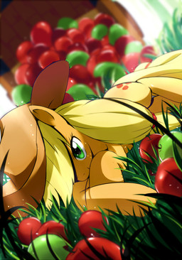 apple blonde_hair clothing cutie_mark detailed_background female feral food fruit grass green_eyes hair hat headgear headwear long_hair plant solo cbreturn friendship_is_magic hasbro my_little_pony applejack_(mlp) earth_pony equid equine horse mammal pony 2015 absurd_res hi_res