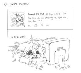 anthro bodily_fluids computer_monitor computer_mouse crying directional_arrow fur hair heart_symbol kerchief male open_mouth social_media solo tears text silverfox5213 twitter silverfox5213_(character) canid canine fox mammal red_fox true_fox 2016 comic english_text greyscale hi_res monochrome