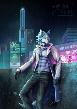 anthro athletic athletic_anthro athletic_male blue_body blue_eyes blue_fur bottomwear city clothed clothing coat collar fur gloves handwear male multicolored_body multicolored_fur pants raining solo topless topless_anthro topless_male topwear two_tone_body two_tone_fur white_body white_fur echoeclair brand_new_animal studio_trigger shirou_ogami canid canine canis mammal wolf absurd_res hi_res