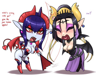 belt chibi choker clothing collar corset crown dress ear_piercing ear_ring female headgear horn jewelry lingerie necklace paper_fan piercing ring_piercing tail topwear wings furball bandai_namco digimon succubamon demon digimon_(species) humanoid lilithmon succubus 5:4