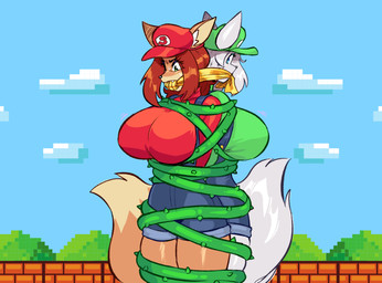 anthro arms_tied bdsm big_breasts blue_eyes bondage bound breasts cleave_gag clothed clothed_anthro clothed_female clothing cobondage cosplay duo ears_through_headwear female female/female fluffy fluffy_tail fur gag gagged green_eyes grey_body grey_fur grey_hair hair orange_body orange_fur plant red_hair restraints rope rope_bondage tail vines jamoart mario_bros nintendo luigi lupe_(furrybound) mario scarlett_(furrybound) canid canine canis fox mammal wolf 2026