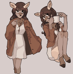 anthro brown_body brown_fur brown_hair clothed clothed_anthro clothed_female clothing cloven_hooves container cup dress female fully_clothed fully_clothed_anthro fully_clothed_female fur hair holding_container holding_cup holding_mug holding_object hooves mug short simple_background sitting solo white_clothing white_dress hhonchkrow234 cervine deer elk mammal absurd_res hi_res