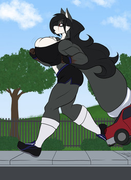anthro athletic_wear big_breasts big_tail biped black_hair bottomwear bouncing_breasts bouncing_butt bra breasts butt car cleavage clothed clothing eye_scar facial_scar female female_anthro fence footwear fur grey_body grey_fur gym_bottomwear gym_shorts hair jogging long_hair looking_aside macro macro_anthro macro_female muscular muscular_anthro muscular_female outside park plant red_eyes scar shoes shorts shrub sidewalk sky socks solo sports_bra tail tree underwear vehicle toughset reba_yukata canid canine canis mammal wolf colored hi_res