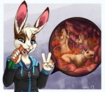 ambiguous_gender ambiguous_prey anthro anthro_pred beady_eyes black_clothing black_jacket black_topwear blue_eyes bodily_fluids brown_body brown_fur carrot clothed clothing cutaway dirty eating female female_pred feral feral_prey food front_view fur gesture group hand_gesture internal jacket looking_at_viewer macro micro open_mouth open_smile pink_nose plant smile stomach_acid topwear v_sign vegetable vore white_body white_fur acidic lagomorph leporid mammal mouse murid murine rabbit rodent 2019 dated signature