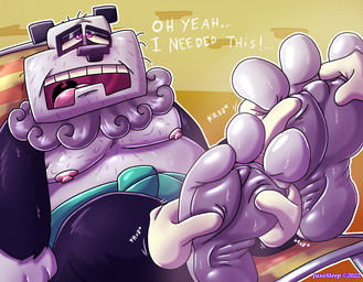 age_difference anthro beard belt bodily_fluids chair facial_hair feet floating_hands foot_fetish foot_rub furniture male master older_male overweight relaxed_expression relaxing sitting smelly solo sweat jusosleep yin_yang_yo! master_yo bear giant_panda mammal