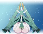 5_fingers big_breasts breasts butt clothing female fingers floating_arms gem green_hair green_lips hair hair_over_eyes huge_breasts hyper lips long_hair long_neck looking_at_viewer lying on_front on_ground solo sweater text thick_thighs topwear wide_hips uxdragon nintendo pokemon himemi_(latiar) celesteela generation_7_pokemon humanoid pokemon_(species) ultra_beast english_text letterbox signature