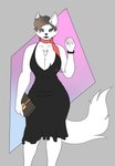 anthro blue_eyes breasts brown_hair chest_tuft clothed clothing clutch_(bag) dress female fur hair handbag holding_object looking_at_viewer ribbons simple_background smile solo standing trash tuft white_body white_fur photolol.03 nashla_(photolol.03) arctic_fox canid canine canis fox mammal true_fox alternate_version_at_source hi_res portrait three-quarter_portrait