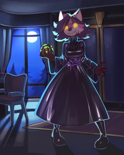 anthro bedroom boots chair clothed clothing dress dusk_ball eye_contact female footwear furniture glowing glowing_eyes latex latex_clothing latex_dress light looking_at_another looking_at_viewer mansion moonlight pokeball shoes smile smiling_at_viewer solo spiral spiral_eyes maridiansnack nintendo pokemon hex_maniac krysta_kream pokemon_trainer canid canine fox mammal 4:5 absurd_res hi_res