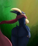 anthro areola big_breasts big_butt blue_body blue_skin breasts butt female hand_on_butt looking_at_viewer low-angle_view pink_eyes rear_view solo thick_thighs yellow_body rusoide nintendo pokemon generation_6_pokemon greninja pokemon_(species) hi_res