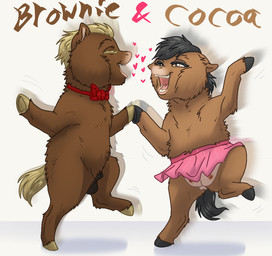 animal_genitalia balls black_hair black_hooves black_tail blonde_eyelashes blonde_hair bottomwear brown_body brown_fur clothing collar dancing duo eyelashes eyes_closed female female_feral feral fur genitals hair heart_symbol hooves looking_at_another male male_feral on_hind_legs open_mouth pink_bottomwear pink_clothing pink_skirt red_collar sheath simple_background skirt smile tail teats text tongue vulva white_background yellow_hooves yellow_tail young young_feral training_badger7197 fluffy_pony fluffy_pony_(species) mammal 2026 character_name digital_media_(artwork) english_description hi_res shaded