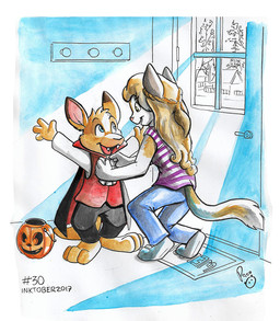 anthro barefoot black_bottomwear black_clothing black_pants blonde_hair blue_bottomwear blue_clothing blue_eyes blue_pants bottomwear brown_body brown_fur clothed clothing duo feet female female_anthro fur green_eyes hair head_tuft inside logo long_hair male male_anthro pants pattern_clothing pattern_topwear purple_clothing purple_topwear red_clothing red_topwear standing striped_clothing striped_topwear stripes topwear tuft vampire_costume white_clothing white_topwear young young_anthro young_male pandapaco domestic_cat felid feline felis kangaroo macropod mammal marsupial 2017 artist_logo dated signature
