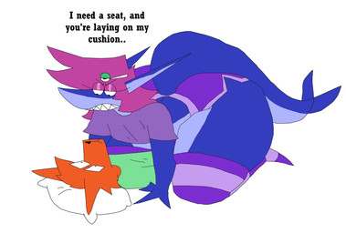 annoyed anthro breasts bully clothing couples dominant dominant_female duo female male male/female mean_look pillow rude small_breasts tail text thick_thighs funny_frendo34 frendo lillian-b_lolly lolly_(lucid_lotus_lolly) aquatic canid canine fish fox hybrid mammal shark absurd_res hi_res intersex_(lore) trans_(lore) trans_woman_(lore)