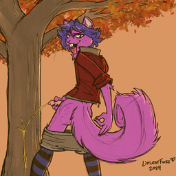 5_fingers anthro arm_tuft biped bodily_fluids bottomwear bottomwear_down buckteeth butt claws clothed clothing elbow_tuft finger_claws fingers fluffy fluffy_tail freckles fur genital_fluids genitals gesture glans hair hand_gesture humanoid_genitalia humanoid_penis jacket legwear lidded_eyes male male_peeing ok_sign partially_clothed pattern_clothing pattern_legwear pattern_stockings peeing peeing_on_tree penis pink_body pink_fur pink_penis plant public_urination purple_hair shorts shorts_down smile solo stockings striped_clothing striped_legwear striped_stockings stripes tail teeth tongue tongue_out topwear tree tuft urine urine_stream watersports whiskers littlestfuzz circle_game mammal rodent sciurid tree_squirrel 1:1 2024 absurd_res digital_drawing_(artwork) digital_media_(artwork) hi_res