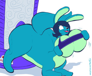anthro aqua_fur blue_body blue_fur breast_expansion breast_grab breasts enjoying expansion female fur hand_on_breast inflation navy_hair plushie solo stuffing_machine tongue tongue_out hyperflannel bonnie_stuffth_(chrislshack1998) lagomorph leporid mammal rabbit taur hi_res