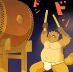 anthro asian_clothing belly bodily_fluids brown_body brown_fur clothing drum east_asian_clothing fundoshi fur humanoid_hands japanese_clothing kemono male moobs musical_instrument navel night nipples outside overweight overweight_anthro overweight_male percussion_instrument solo sweat taiko_drum text underwear y_inuwashi canid canine mammal raccoon_dog tanuki 2011 hi_res japanese_text