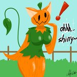 anthro big_breasts breasts clothing dress female fence food fruit garden gatabaza_(chefrens) green_clothing green_dress leaf mouth_closed orange_body plant pumpkin solo text thick_thighs chefrens felid feline mammal monster 1:1 hi_res