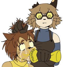ahegao anthro apron bodily_fluids brown_apron brown_clothing clothing condiment condiment_bottle duo eyes_rolled_up eyewear female female/female food force_feeding forced gloves goggles hair hair_grab handwear holding_head looking_pleasured mustard pulling_hair tears topwear touching_hair what yellow_clothing yellow_topwear bobbest_bob gameoverse glitch_productions kit_bodega scratch_(gameoverse) domestic_cat felid feline felis mammal 1:1 hi_res meme