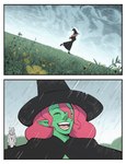 angry anthro black_clothing black_dress bodily_fluids clothing cloud crying dress duo eyes_closed female flower frown grass grass_field green_body green_skin hair happy hat headgear headwear humanoid_focus humanoid_pointy_ears long_hair magic_user open_mouth outside plant pointy_ears raining red_hair sky smile solo_focus standing tears tears_of_joy witch witch_hat yellow_flower bonnymama7 elphaba_(bonnymama7) liria_the_werewolf_saint canid canine canis humanoid mammal wolf absurd_res comic hi_res