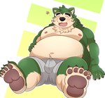 anthro belly big_nose blush bodily_fluids bulge clothed clothing erection erection_under_clothing eyebrows fur genital_fluids green_body green_fur male navel nipples overweight overweight_male pawpads paws precum precum_through_clothing solo tenting thick_eyebrows underwear wet wet_clothing nisikemo lifewonders live_a_hero mokdai canid canine canis domestic_dog mammal hi_res