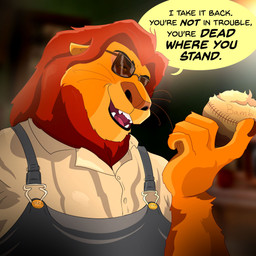 5_fingers anthro anthrofied ball baseball_(ball) big_nose black_eyebrows black_eyes black_eyewear black_lips black_sunglasses blue_clothing blue_overalls blurred_background brown_claws brown_nose button_(fastener) claws clothed clothed_anthro clothed_male clothing dialogue eyebrows eyewear finger_claws fingers fully_clothed fully_clothed_anthro fully_clothed_male fur fusion head_tilt holding_baseball light lips looking_up male male_anthro mane multicolored_body multicolored_fur open_mouth open_smile overalls pink_tongue red_mane smile solo sunglasses text thick_bottom_lip tongue two_tone_body two_tone_fur whiskers white_dress_shirt yellow_body yellow_fur yellow_sclera daniel_middleton disney the_lion_king the_sandlot_(series) mr._mertle mufasa felid lion mammal pantherine 1:1 2024 absurd_res colored crossover digital_drawing_(artwork) digital_media_(artwork) english_description english_text hi_res lighting shaded