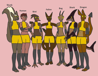 anthro brown_body clothing female flat_chested group toeless_legwear yellow_clothing yellow_eyes trinitite mythology tory_(trinitite) ahuizotl aquatic arthropod avian dragon fish human insect mammal mephitid mythological_creature mythological_scalie scalie shark skunk