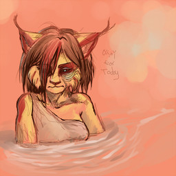 anthro bare_shoulders brown_hair clothed clothing female grumpy hair hair_over_eye one_eye_obstructed partially_submerged solo text tired water wet mitsene felid feline lynx mammal 1:1 digital_media_(artwork) digital_painting_(artwork) english_text painting_(artwork)