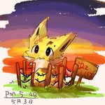 band-aid band-aid_on_head bandage barbed_wire brown_eyes grass orange_sky plant signpost sitting sky solo sunset text trapped reruponzu nintendo pokemon eeveelution generation_1_pokemon jolteon pokemon_(species) 1:1 japanese_text