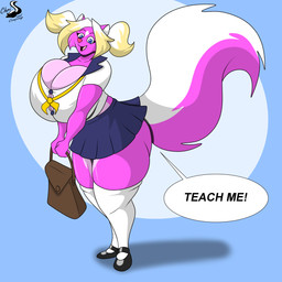 anthro bag big_breasts blue_eyes bottomwear breasts clothing dialogue female huge_breasts looking_at_viewer open_mouth pigtails school_uniform simple_background skirt solo speech_bubble tail text thick_thighs uniform wide_hips chrisandcompany lucy_skye_diamond mammal mephitid skunk 1:1 english_text hi_res