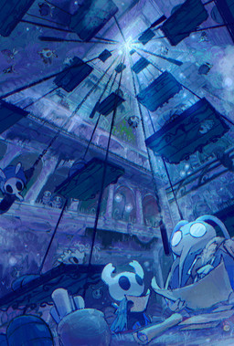 2_horns ambiguous_gender antennae_(anatomy) anthro biped black_body black_eyes cloak clothing detailed_background eyewear feral flying glasses group holding_map horn map melee_weapon nail_(weapon) sitting standing weapon weapon_on_back wings blipbugbug hollow_knight_(franchise) team_cherry cornifer_(hollow_knight) the_knight_(hollow_knight) arthropod infected_(species) vessel_(species) 2024 hi_res painting_(artwork)