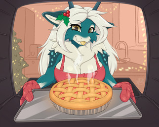 anthro apron big_breasts breasts cheek_tuft christmas_tree clothing facial_tuft female fur garland green_body green_fur hair half-closed_eyes happy holidays horn inside kitchen narrowed_eyes neck_tuft pie_(food) plant red_apron red_clothing smile solo tongue tongue_out tree tuft white_body white_fur white_hair yellow_eyes yellow_tongue eloya_art christmas deer mammal 2025 colored digital_drawing_(artwork) digital_media_(artwork) hi_res