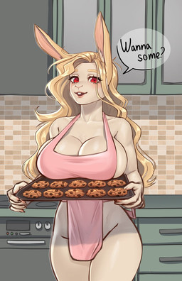 anthro apron apron_only big_breasts blonde_hair blush breasts clothing cookie cooking female food fur hair kitchen long_hair looking_at_viewer pink_clothing red_eyes solo speech_bubble tan_body tan_fur thick_thighs pewas lagomorph leporid mammal rabbit hi_res