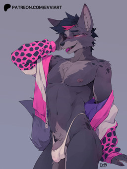 anthro balls balls_outline blush bulge butt clothed clothing detailed_bulge fluffy fluffy_tail fur genital_outline genitals jacket male male_thong markings multicolored_body multicolored_fur narrowed_eyes nipples open_clothing open_jacket open_topwear penis penis_base penis_outline pointy_ears red_eyes simple_background skimpy skimpy_thong solo spots spotted_body spotted_fur tail text thong tongue tongue_out topwear underwear evvi canid canine mammal url