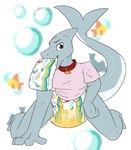 abdl anthro bodily_fluids clean_diaper clothed clothing collar diaper folded_diaper genital_fluids looking_at_viewer male print_diaper solo unclean_diaper urine used_diaper wearing_diaper wet_diaper juneberrysprout steel_(steelshark) fish marine shark