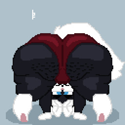 anthro backsack balls bent_over big_butt black_body black_fur blue_eyes bottom_heavy butt cellulite clothing dreadlocks eyebrows fur genitals hair huge_butt looking_at_viewer looking_back looking_back_at_viewer looking_through looking_through_legs male mouth_closed multicolored_body multicolored_fur overweight overweight_anthro overweight_male pawpads pink_pawpads presenting presenting_hindquarters shadow simple_background solo tail thick_thighs two_tone_body two_tone_fur underwear white_body white_fur wide_hips boisterous_fox capcom monster_hunter jmari felid feline felyne lynian mammal 1:1 digital_media_(artwork) pixel_(artwork) shaded