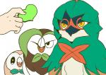 ambiguous_gender beak bean brown_body brown_feathers feathers feet feral food green_body green_feathers group holding_food holding_object poke_bean pseudo_clothing stare talons text toes wings maki_(artist) nintendo pokemon avian bird dartrix decidueye generation_7_pokemon human mammal pokemon_(species) rowlet 2016 animated japanese_text translated