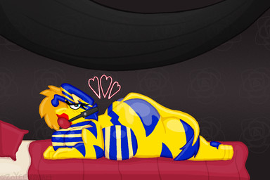 antennae_(anatomy) anthro ball_gag bed bedding bedroom blanket blue_pawpads blush blush_lines female fur furniture gag hair heart_symbol lipstick liquid_on_butt looking_at_viewer lying makeup narrowed_eyes oiled_butt oiled_up on_front orange_hair pattern_background pattern_wall pawpads pillow red_bedding red_pillow simple_background solo striped_body striped_fur stripes yellow_body yellow_fur zoyeensadart mythology honeycomb_(zoyeensadart) dragon furred_dragon furred_scalie mythological_creature mythological_scalie scalie 3:2