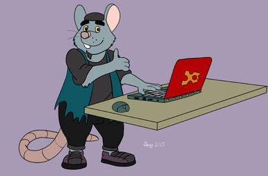 4_fingers anthro beard biped bottomwear clothing computer electronics facial_hair fingers humanoid_hands male pants pink_nose shirt smile solo topwear grezz brok_the_investigator cowcat_games hacker_(brok_the_investigator) mammal mouse murid murine rodent 2025 hi_res