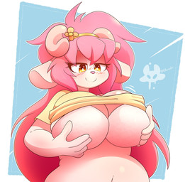 accessory anthro belly big_breasts blush blush_lines breasts clothing female fur hair hair_accessory hairband holding_breast huge_breasts navel orange_eyes pink_hair slightly_chubby slightly_chubby_anthro slightly_chubby_female smile solo tan_body tan_fur under_boob kaiser_grr bovid caprine goat mammal absurd_res character_request hi_res