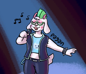 alternative_fashion anthro belt black_bottomwear black_clothing black_pants black_topwear black_vest blue_clothing blue_shirt blue_topwear blush bottomwear bracelet clothing electronics eyes_closed eyeshadow eyewear femboy glasses green_hair hair holding_microphone holding_object horn jewelry makeup male microphone mohawk musical_note musical_symbol open_mouth pants pink_blush pink_eyeshadow pink_horn punk shirt singing solo spiked_bracelet spikes spotlight spotlight_beam symbol topwear vest wearing_glasses pathetic_pagan deltarune undertale_(series) ralsei bovid caprine darkner goat mammal low_res