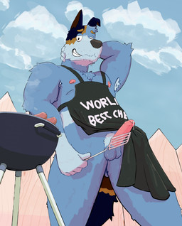 anthro apron apron_only armpit_hair blue_body blue_fur bodily_fluids body_hair brown_body brown_fur clothing erection foreskin fur genital_fluids genitals grill grilling hand_behind_head humanoid_genitalia humanoid_penis looking_at_viewer looking_down looking_down_at_viewer low-angle_view male male_anthro mostly_nude mostly_nude_anthro mostly_nude_male nipples outside penis pink_penis precum precum_string pubes smile solo standing tail teeth devaney bluey_(series) stripe_heeler australian_cattle_dog canid canine canis cattledog domestic_dog herding_dog mammal pastoral_dog 2025 hi_res