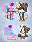 4_fingers anthro belly_rub big_diaper black_body bloated clothing diaper duo eating feces fingers fur hair high_chair hyper male object_ingestion pink_body pink_fur purple_hair scatplay soiling swallowing mammal mephitid skunk hi_res