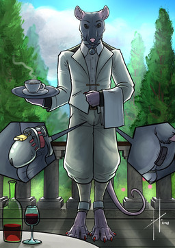 anal anal_penetration anthro balls black_eyes bottomwear bulge butler chastity_cage chastity_device clothed clothing container cup drinking_glass ear_piercing ear_stud front_view fur genitals glass glass_container glass_cup glistening glistening_eyes grey_balls grey_body grey_fur lock looking_at_viewer male male_anthro mouth_closed muscular muscular_anthro muscular_male object_in_ass outside pants penetration penis piercing pink_ears pink_nose red_penis sex_toy sex_toy_in_ass sex_toy_insertion solo standing topwear vibrator vibrator_in_ass wearing_chastity_cage wearing_chastity_device white_bottomwear white_clothing white_pants white_topwear wine_bottle wine_glass hufnaar aaron_d'verse mammal murid murine rat rodent 2018 dated full-length_portrait hi_res portrait