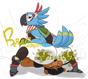anthro beak big_butt blue_body blue_feathers bottomless brown_body brown_eyes brown_fur butt clothed clothing duo facesitting fart fart_cloud fart_fetish farting_in_mouth feathers fur green_fart_cloud male male/male sitting sitting_on_another tail tail_feathers white_body white_feathers yellow_body yellow_feathers art_odka breath_of_the_wild nintendo the_legend_of_zelda bud_(budsbutts) kass_(tloz) avian bear brown_bear grizzly_bear mammal rito ursine hi_res