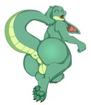 anthro anus backsack balls big_butt bubble_butt butt femboy genitals green_body male non-mammal_balls nude overweight overweight_anthro overweight_male paws slightly_chubby solo surprise thick_thighs wide_hips narusewolf dd kobold scalie hi_res