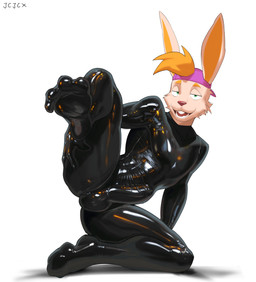 anthro balls_outline black_bodysuit black_clothing black_latex black_skinsuit bodysuit bulge clothed clothed_anthro clothed_male clothing detailed_bulge ears_through_headwear fur genital_outline green_eyes hair latex latex_bodysuit latex_clothing latex_skinsuit male orange_body orange_fur orange_hair penis_outline skinsuit solo tight_clothing cxcxxcxxxx harvey_(james_newland) lagomorph leporid mammal rabbit 2026 absurd_res hi_res