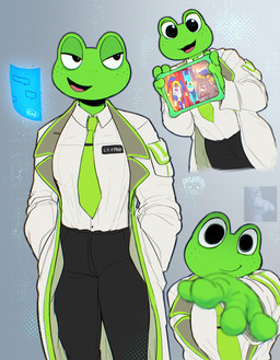 3_fingers 4_fingers anthro anthrofied black_bottomwear black_clothing black_eyes black_pants bottomwear breasts clothed clothing coat collared_shirt dress_shirt female fingers freckles glistening glistening_eyes green_body green_clothing green_jacket green_skin green_topwear jacket lab_coat looking_at_viewer multiple_poses non-mammal_breasts open_clothing open_jacket open_mouth open_topwear pants pose shirt smile solo tablet_computer topwear white_clothing white_jacket white_shirt white_topwear pepurroni disney pixar toy_story lilypad_(toy_story) amphibian frog hi_res