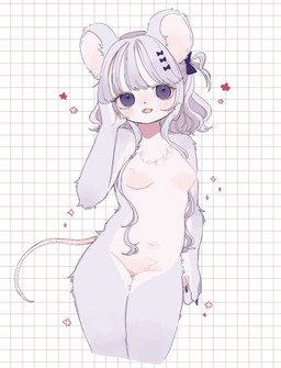 :3 anthro biped blush breasts cute_fangs fangs featureless_breasts featureless_crotch female fur geometric_background grey_body grey_fur grey_hair grid_background hair kemono looking_at_viewer multicolored_body neck_tuft nude open_:3 open_mouth pattern_background pupils purple_eyes simple_background small_breasts teeth tuft two_tone_body white_background white_body white_fur nonomai25 mammal mouse murid murine rodent hi_res