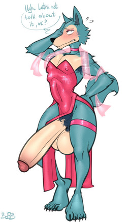 5_toes anthro armpit_hair balls big_balls big_penis black_nose blue_body blue_fur blush body_hair claws clothing dialogue dress embarrassed exposed feet fur furry_tail genitals glans glitter hand_on_face huge_penis light_body light_skin looking_at_viewer makeup male nipple_outline penis penis_poking_out pink_clothing pink_dress pubes slim_anthro slim_male small_waist snout solo tail talking_to_viewer text toes bobthetanuki beastars legoshi_(beastars) canid canine canis mammal wolf 2023 english_text hi_res